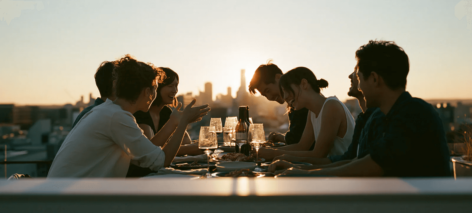 Friends around a rooftop table at sunset, one of them mid-story
