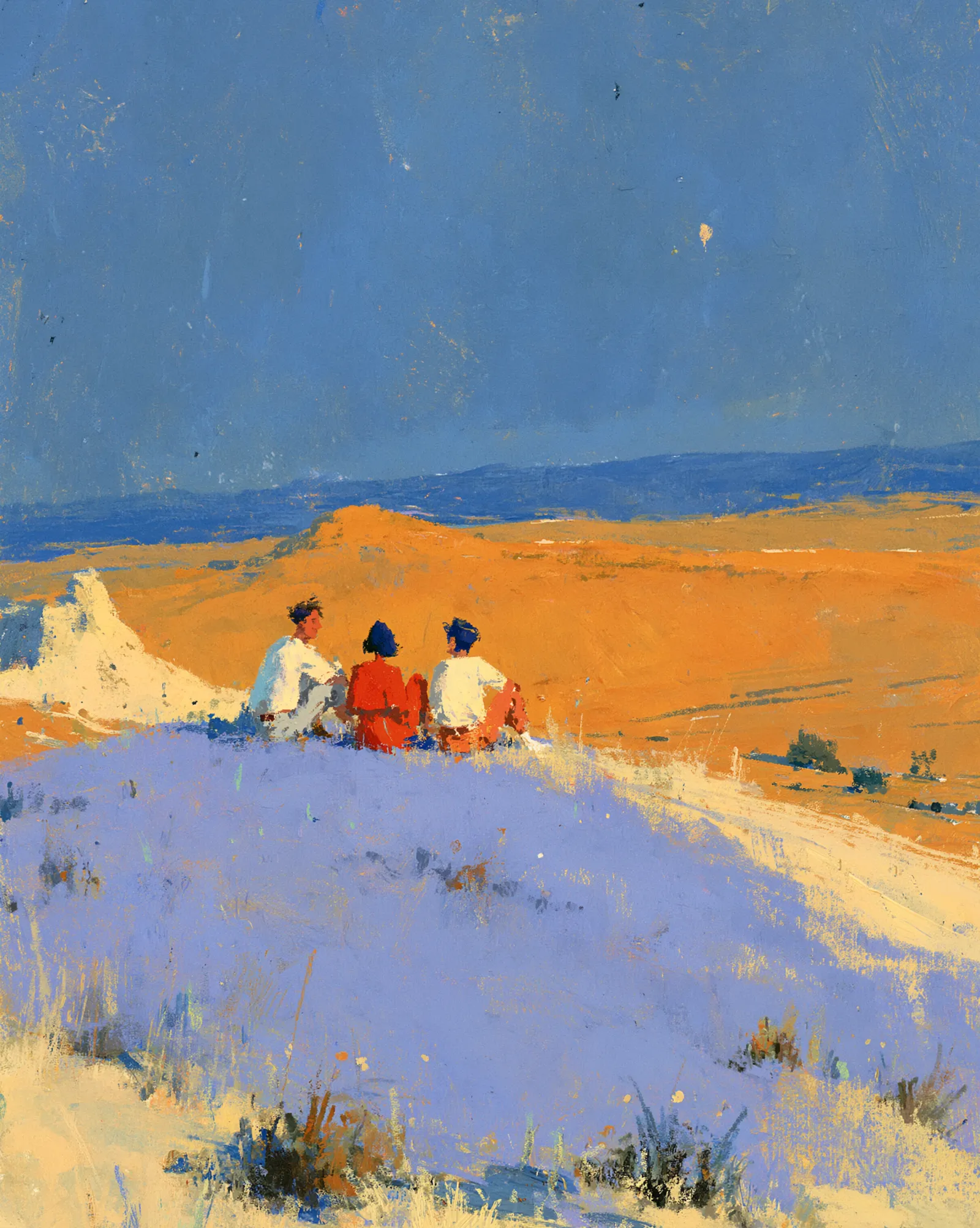 Three friends sitting together on a sunlit hilltop, gazing over golden fields under a wide blue sky — an impressionist painting evoking warmth, connection and shared perspective