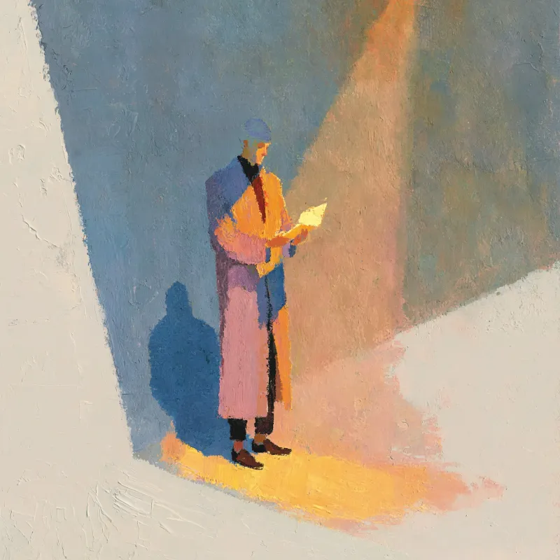 A person gazing at a reflective pool under a setting sun — seeing themselves clearly