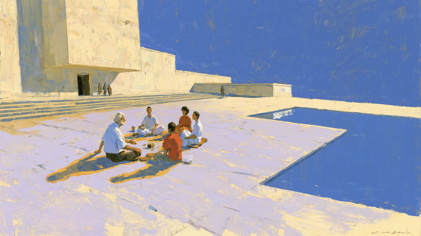 A bird's-eye view of five people sitting together in a small circle — the people who hold pieces of you