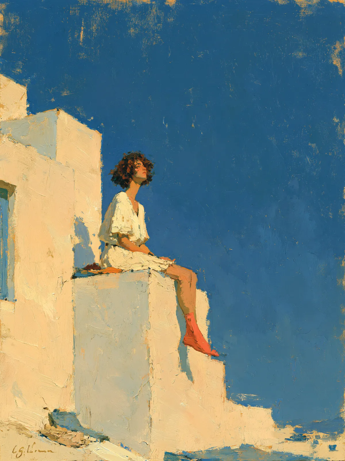 A person sitting on the edge of a high wall, looking out — a quiet moment of reflection before what comes next