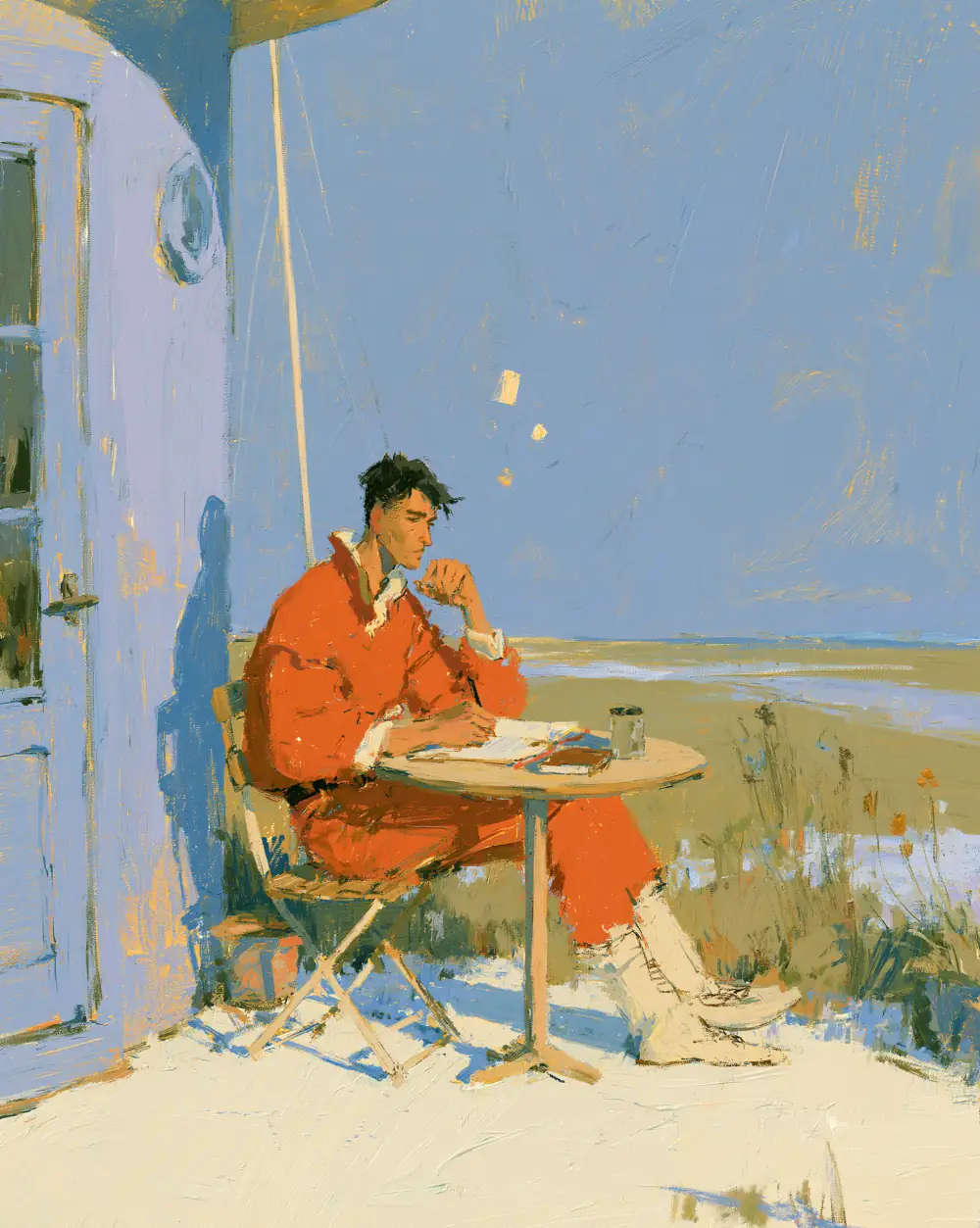 An impressionist painting of a person in a warm red coat sitting peacefully at a small table by the sea, writing in a journal under a soft blue sky — a quiet moment of reflection